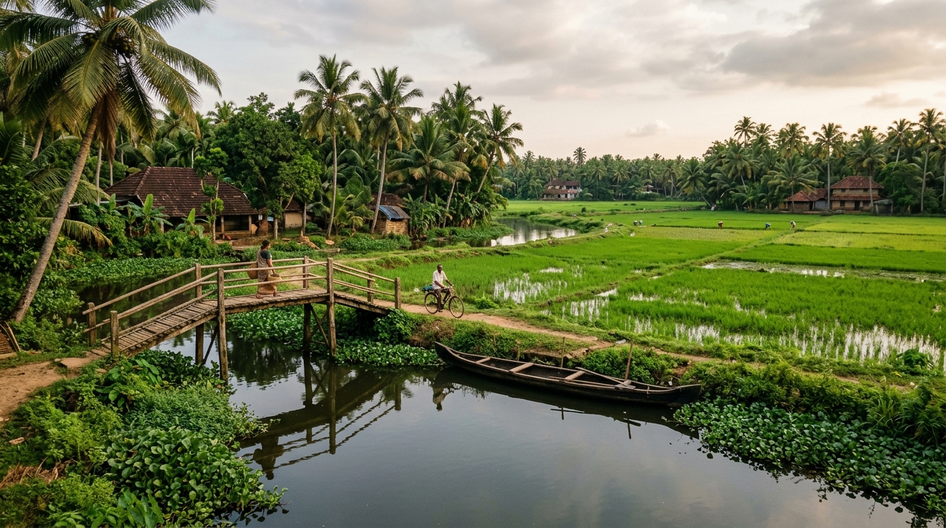 Ezhumanthuruthu island village near Kaduthuruthy Kottayam with quiet inland waterways and green paddy fields