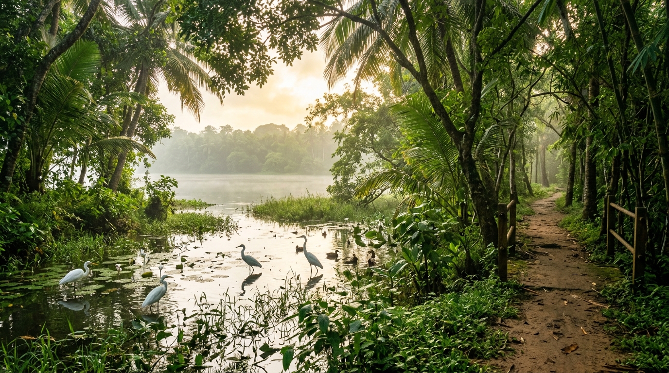 Kumarakom Bird Sanctuary along Lake Vembanad in Kottayam with wading birds and wooded paths